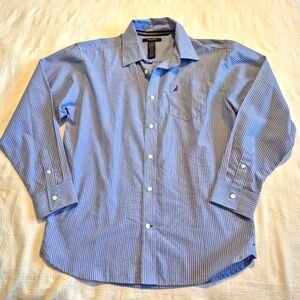 Nautica boys size 14 long sleeve button up shirt, blue with white stripe, EUC